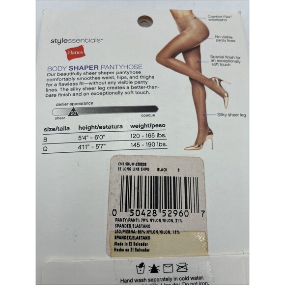 Hanes Stylessentials Body Shaper Pantyhose Black Sheer Legs Toes Size B - Picture 3 of 3